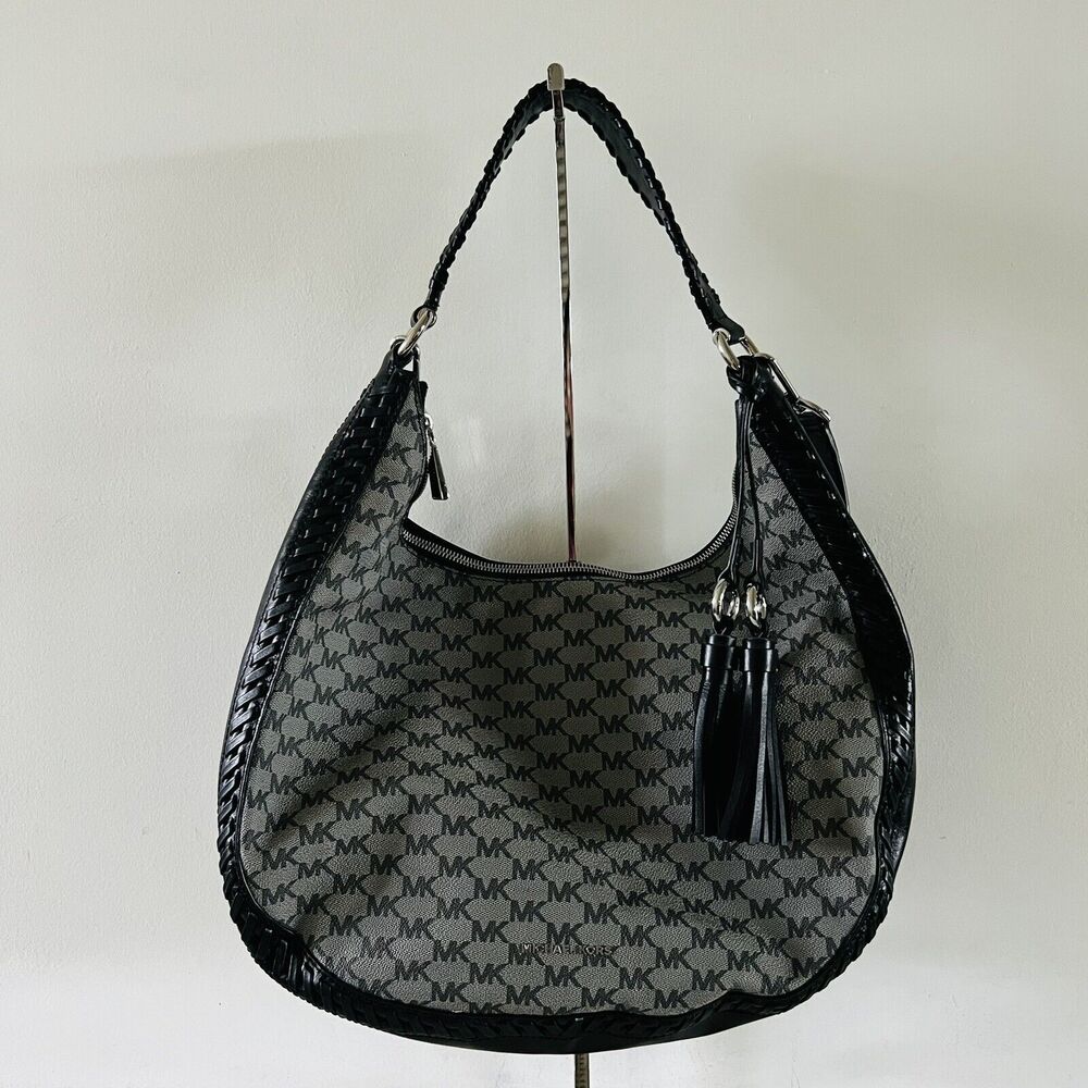 MICHAEL KORS Lauryn Solid Black Gray Leather Large Shoulder Bag